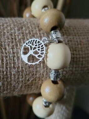 Wooden Bead Bracelet with Leaf Charm
